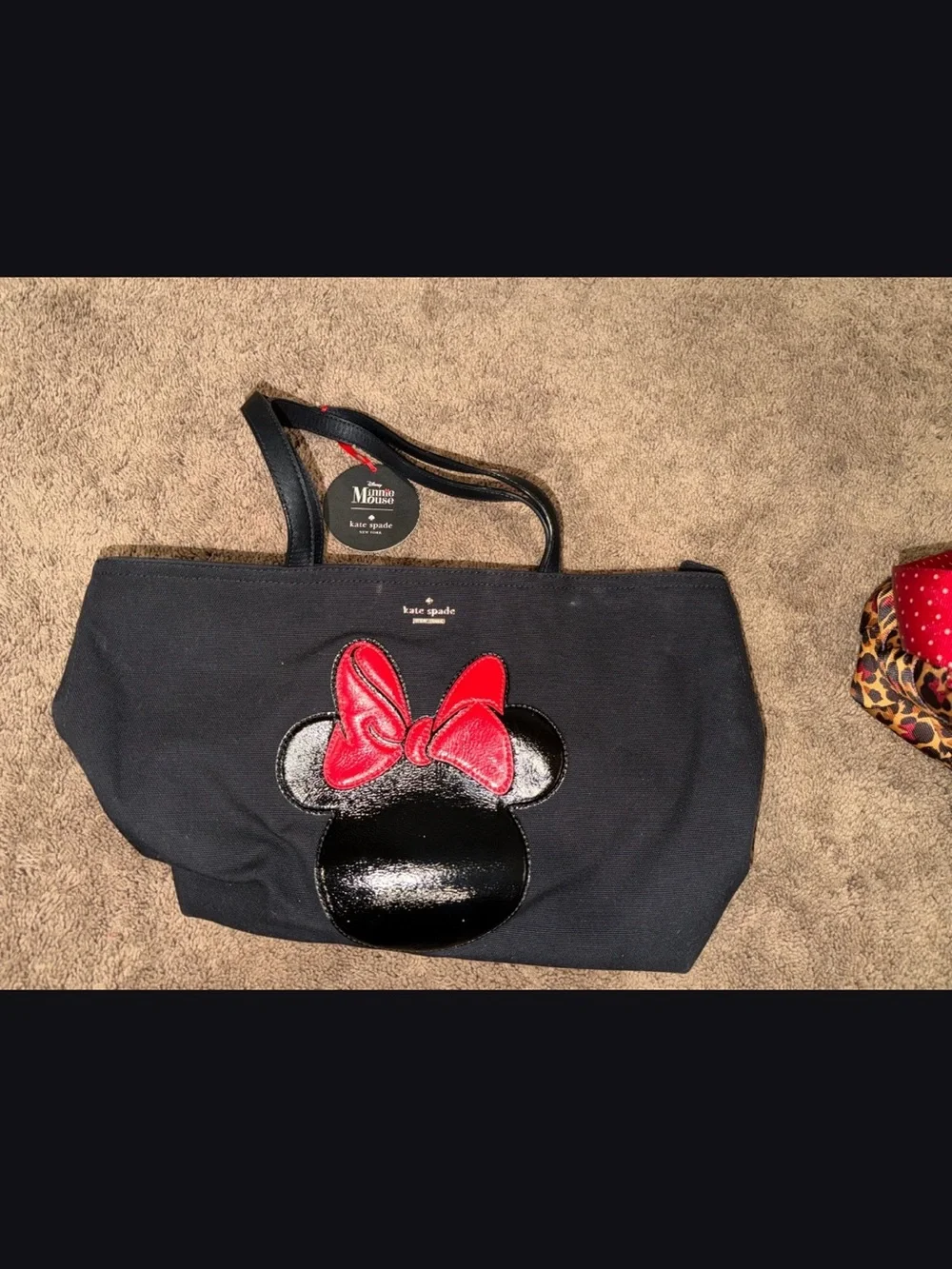 kate spade black tote with red bow Minnie silhouette